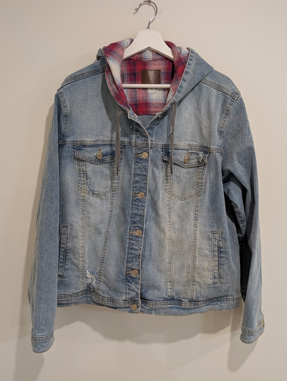 Women's Hooded Distressed Plaid Jean Jacket Size 2X Country Western Fall Casual